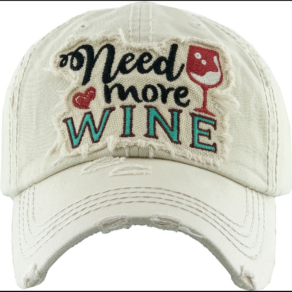 Cream “Need More Wine” distressed hat